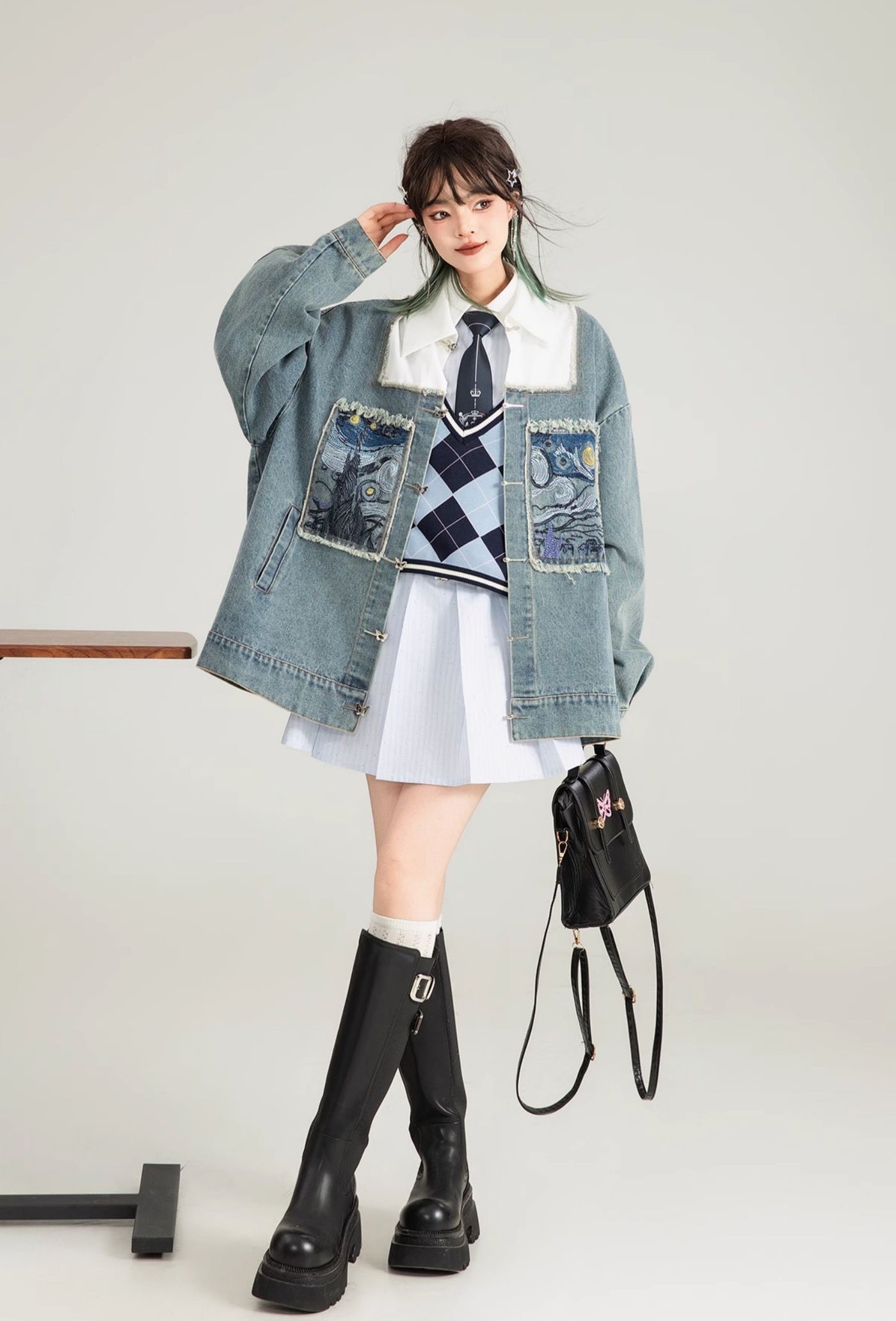 Literary Style Embroidered Denim Casual Jacket/Black Long Skirt KEI0122