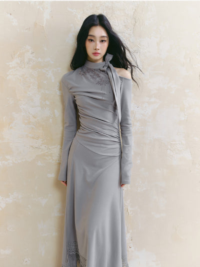 Decorated Collar Gray One-shoulder Long-sleeved Dress SAL0090