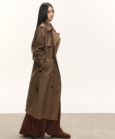 Brown Double-Breasted Long Trench Coat ANA0084