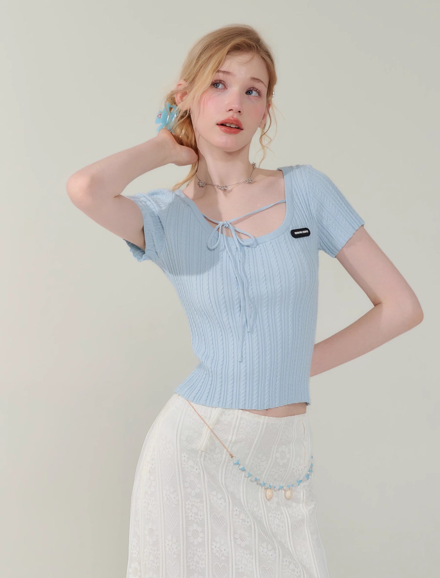 Straps U-neck Short-sleeved Knit ZIZ0141