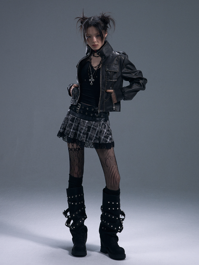Punk Rock Plaid Double Belt Skirt FRU0091
