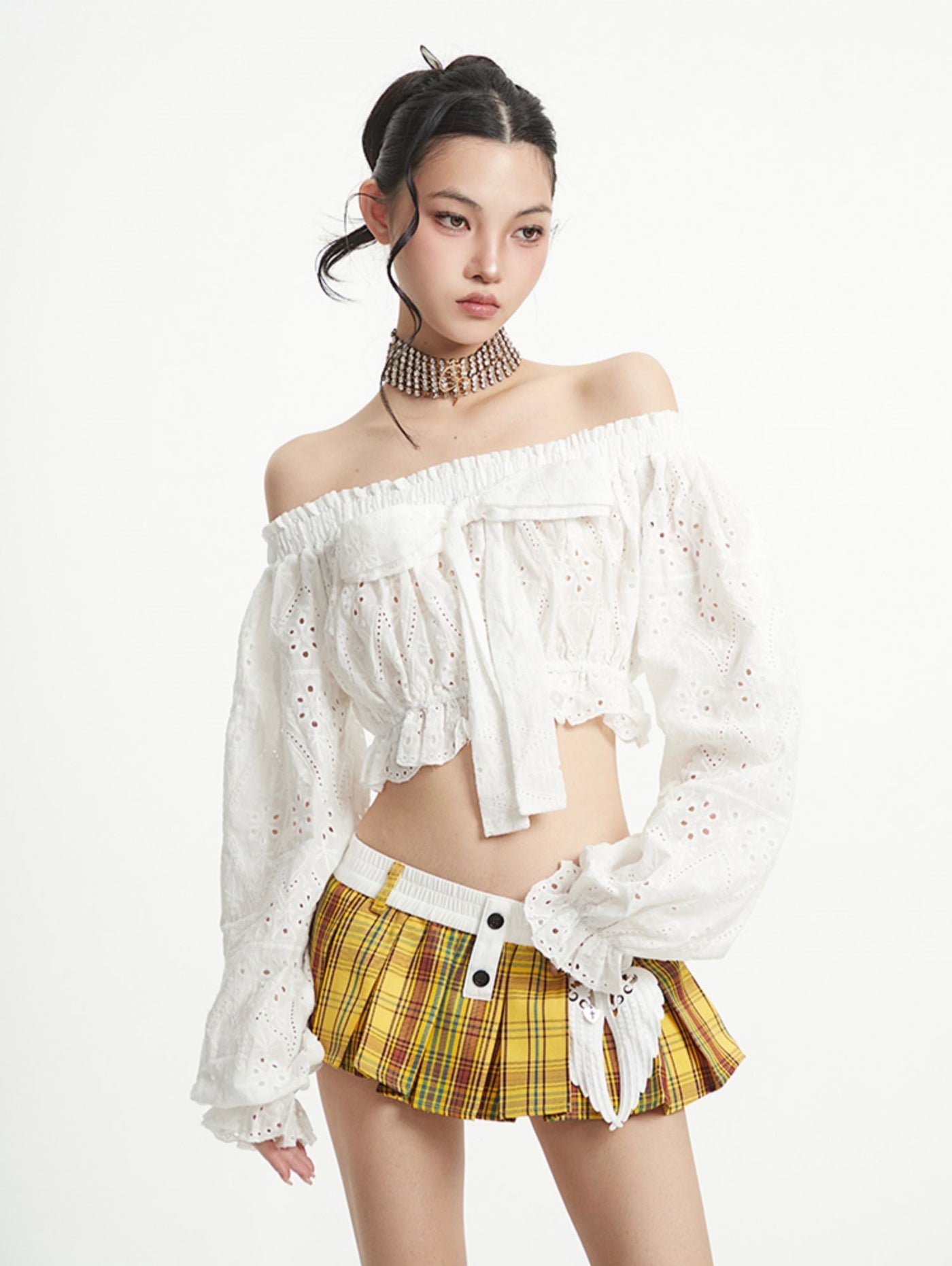 Puff Sleeve One Shoulder Bow Short Shirt UNC0258