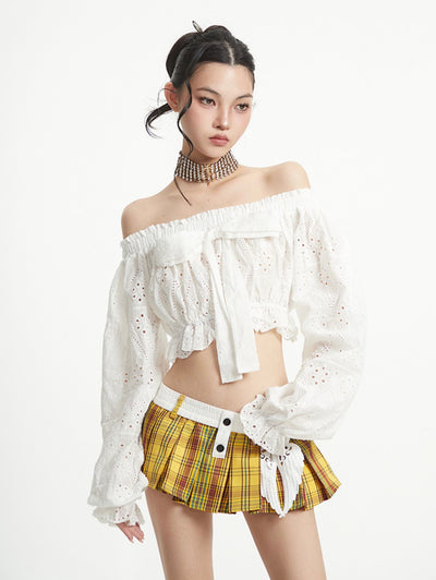 Puff Sleeve One Shoulder Bow Short Shirt UNC0258