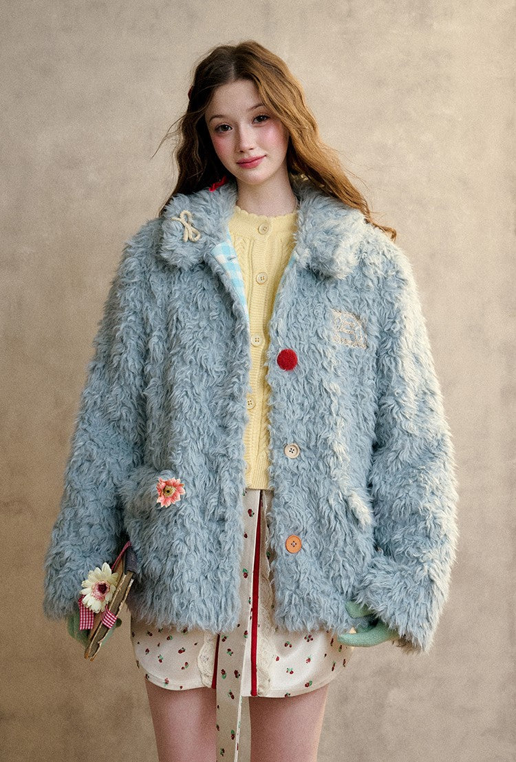 Cream Strawberry/Gray Blue Warm Curly Fur Coat GRO0093