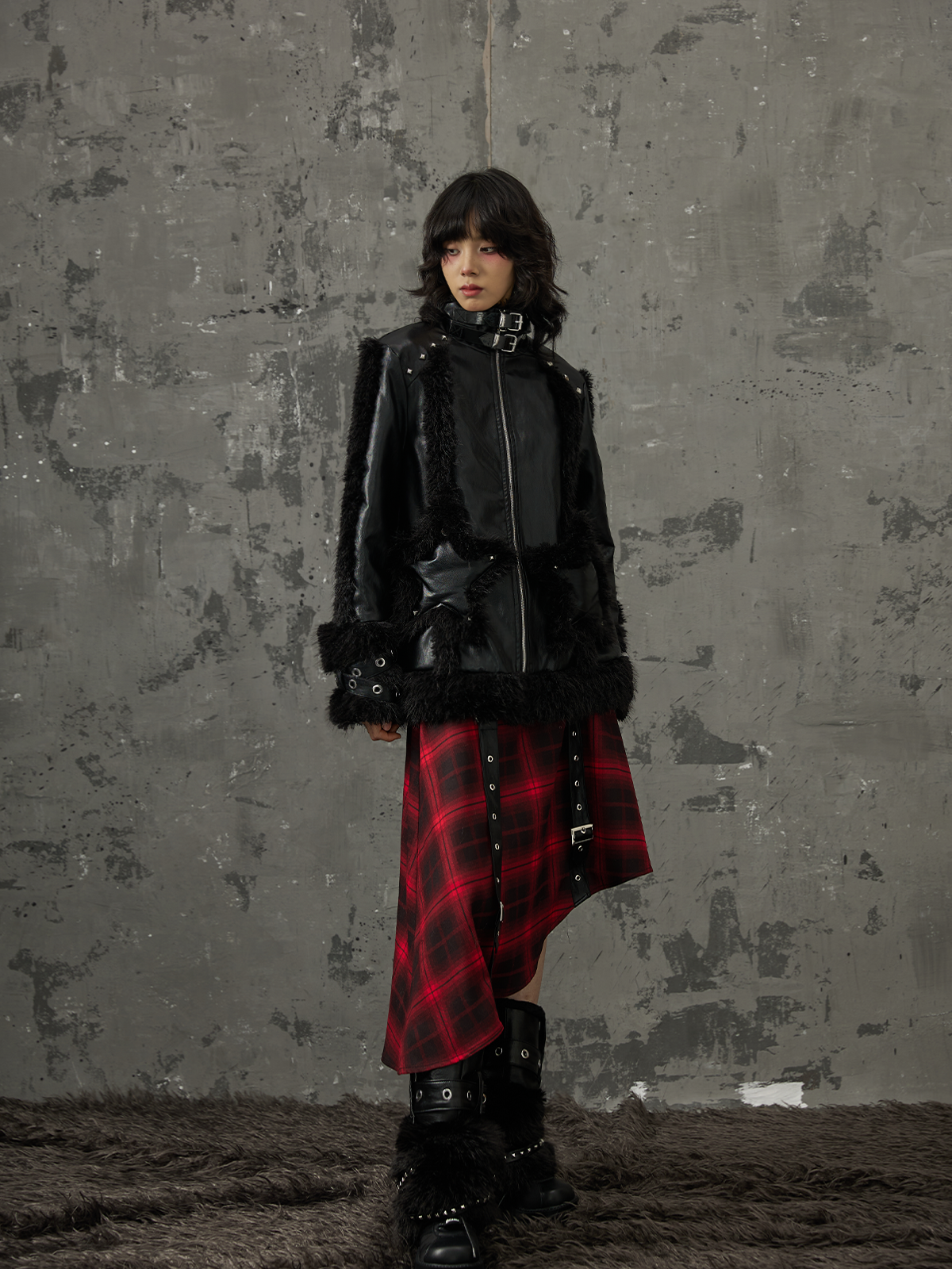 Punk Star Pocket Fur Patchwork Coat FRU0046