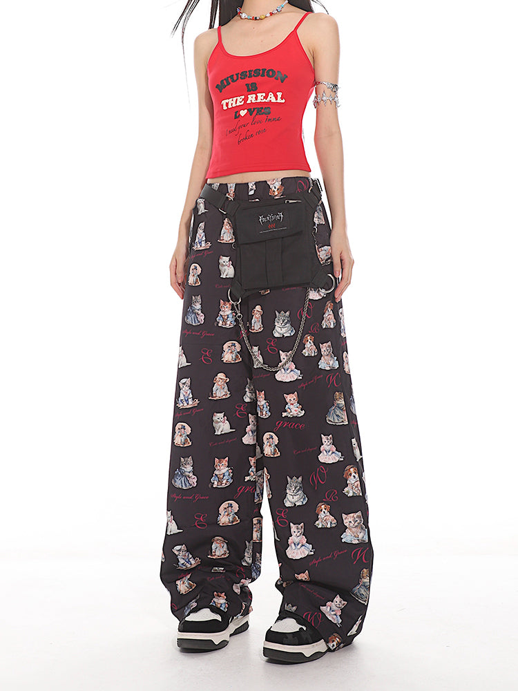 Cat Letter Floral Loose Straight Casual Pants UNC0125