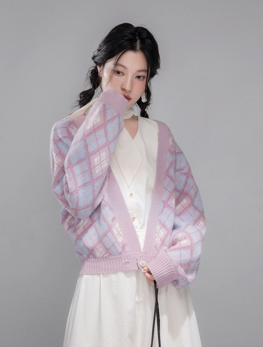 Purple Halter Vest+Diamond-patterned Cardigan COT0362