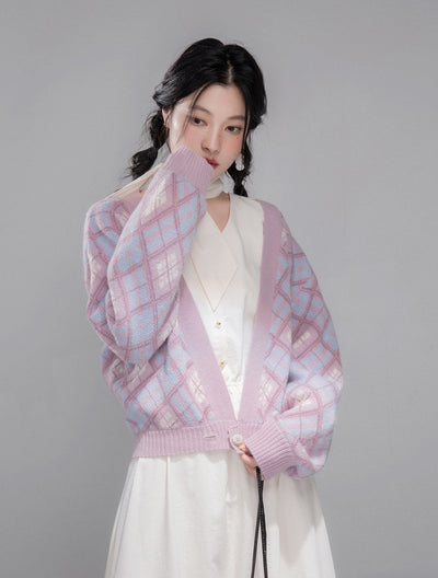 Purple Halter Vest+Diamond-patterned Cardigan COT0362