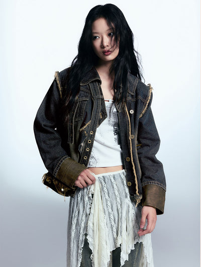 Deconstructed Cuffs Leather Loose Washed Denim Jacket CES0063
