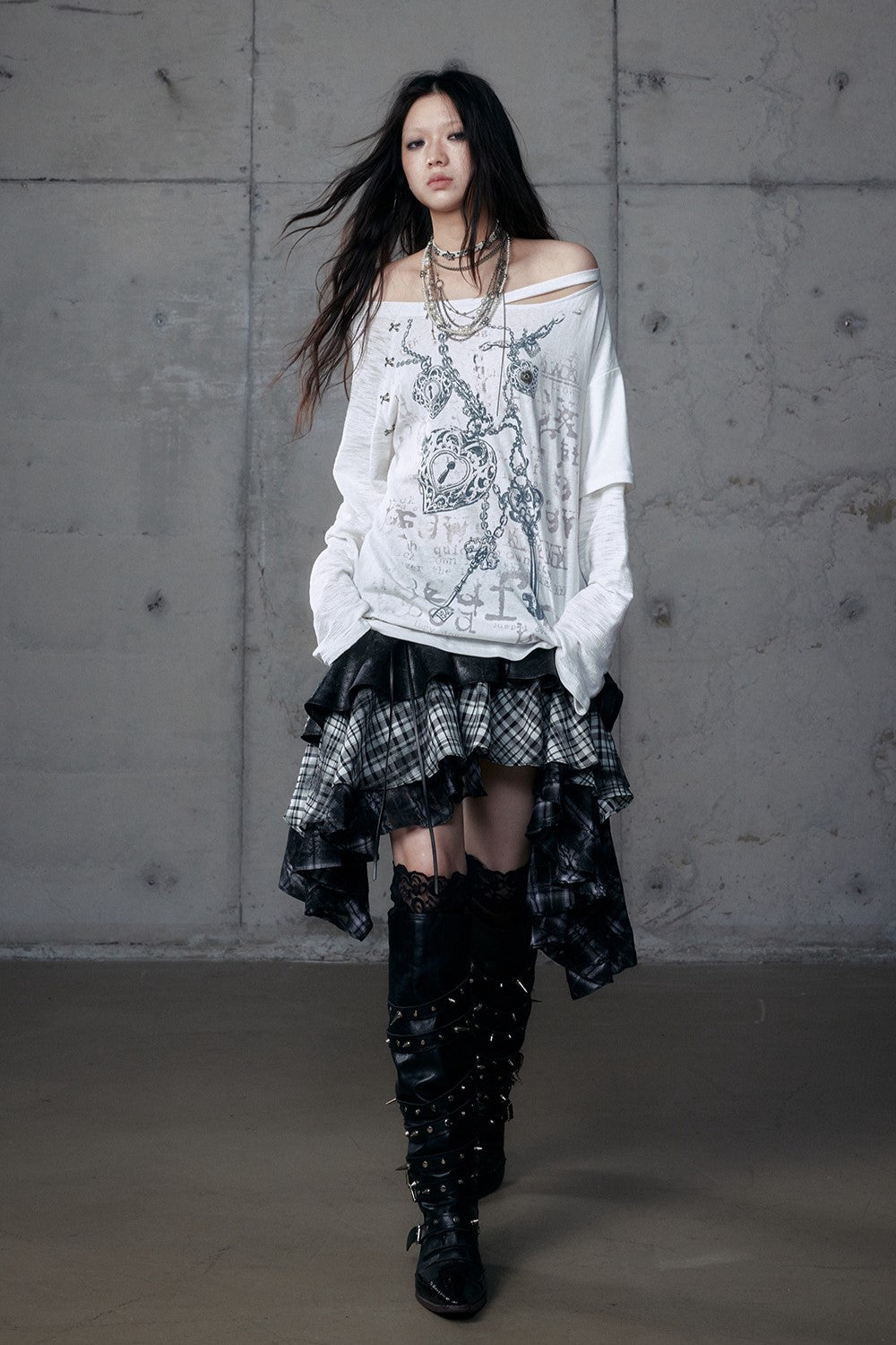 Punk Plaid Irregular Splicing Leather Skirt NOR0188