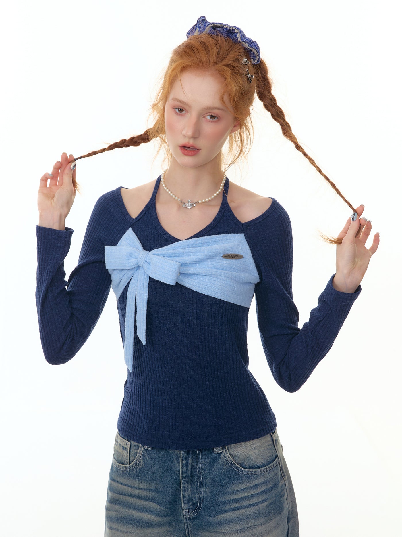 Contrast Color Stitching Bow Tie Sweater ZIZ0300