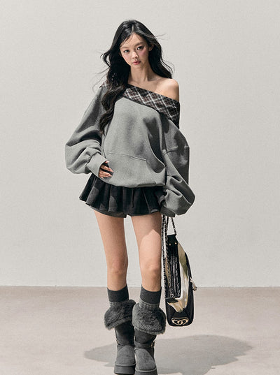 Off-Shoulder Plaid Sweatshirt DIA0765