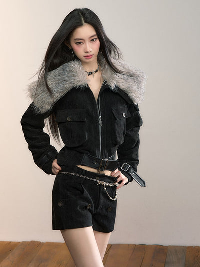 Leopard Print Large Fur Collar Jacket VIA0363