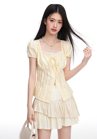 Light Yellow Puff Sleeve Pleated Fake Two-piece Shirt/Cake Skirt NTO0088