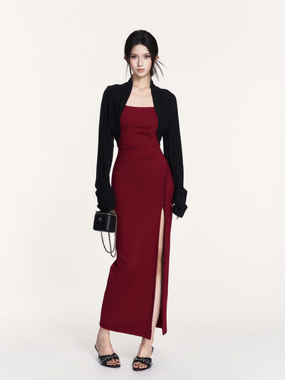 Red Waist Slit Square Collar Dress VOC0428