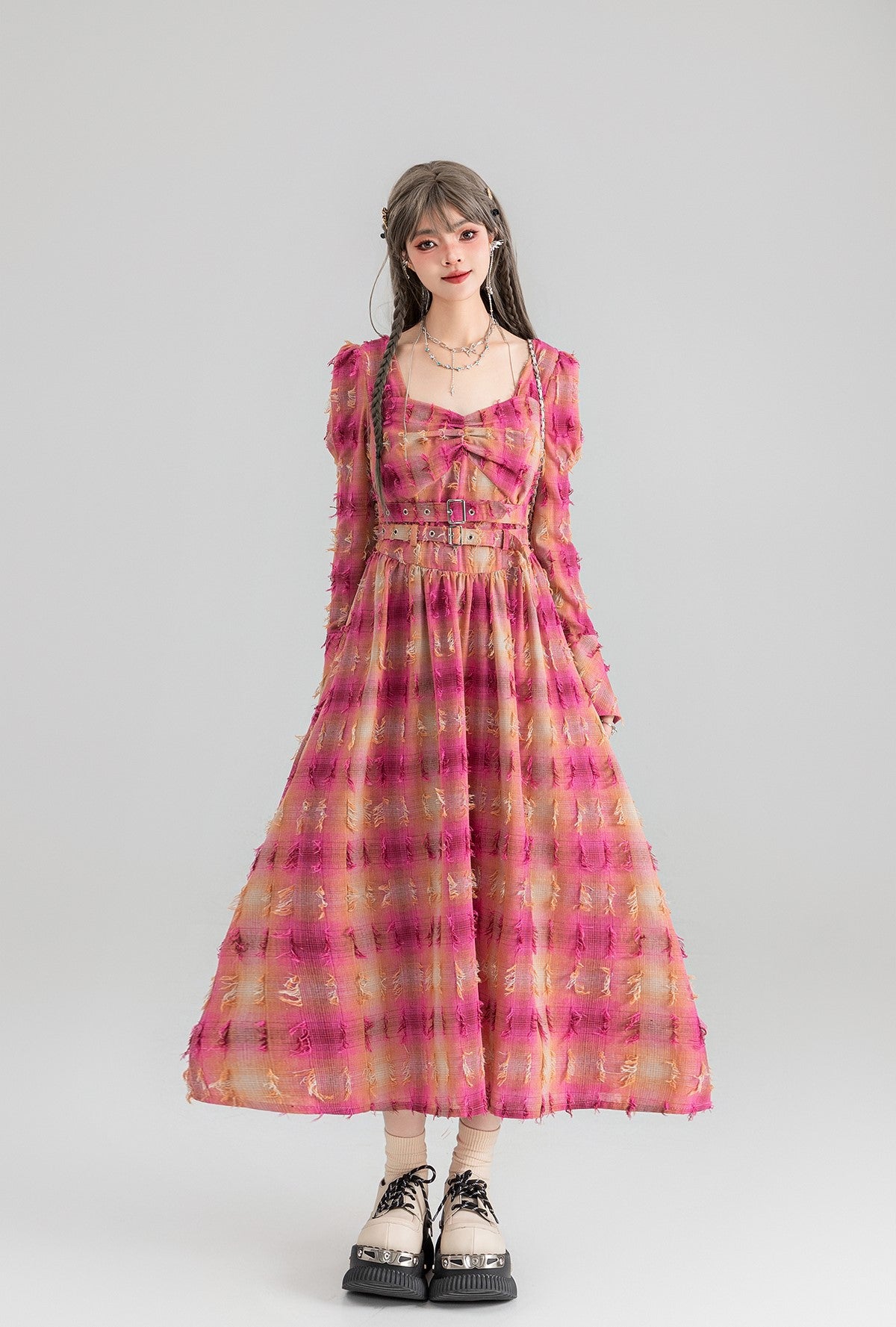 Flying Yarn-dyed Plaid Mid-length Dress KEI0066