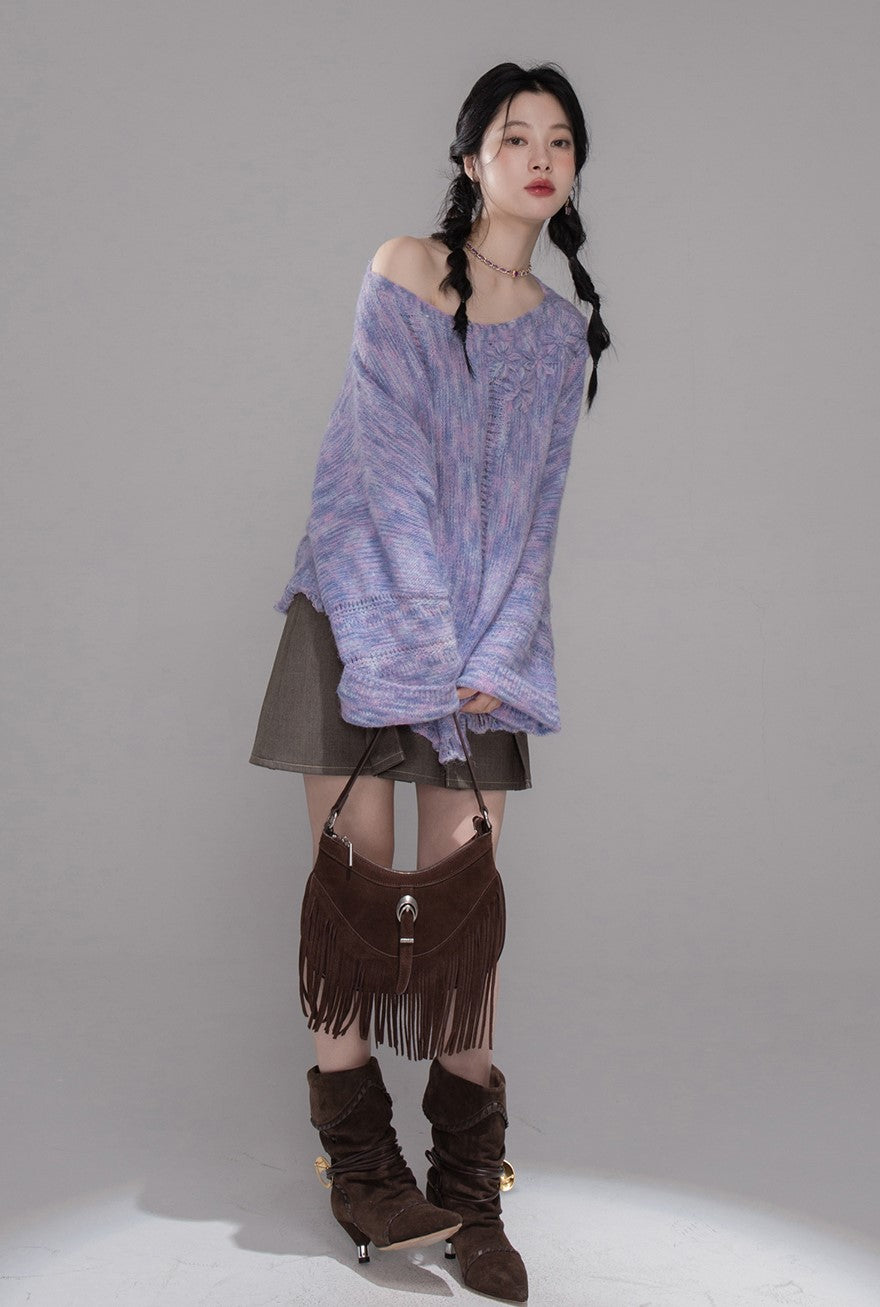 Purple Flower One Shoulder Sweater COT0363