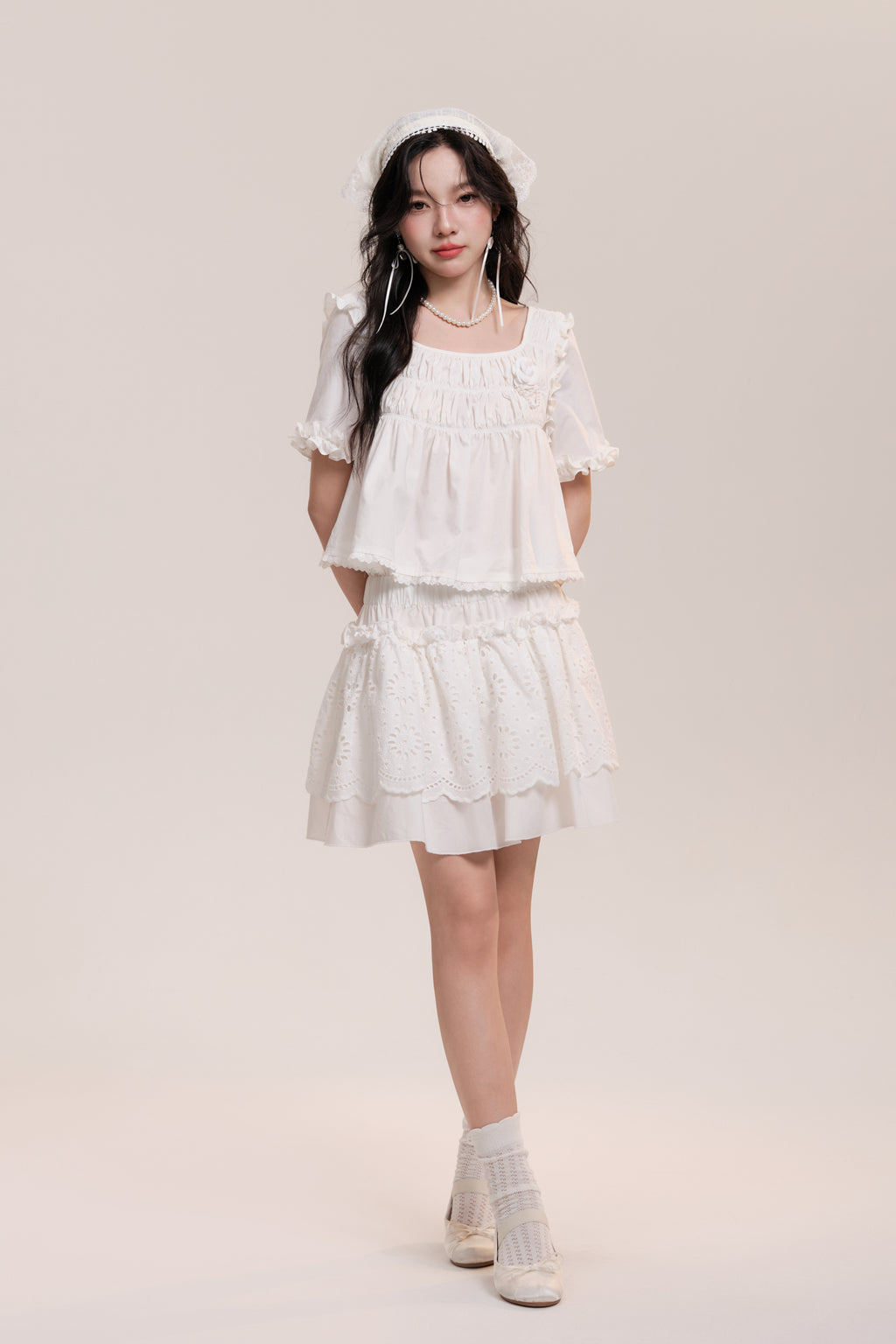 Flower Lace Bow Shirt/Short Skirt AOO0002
