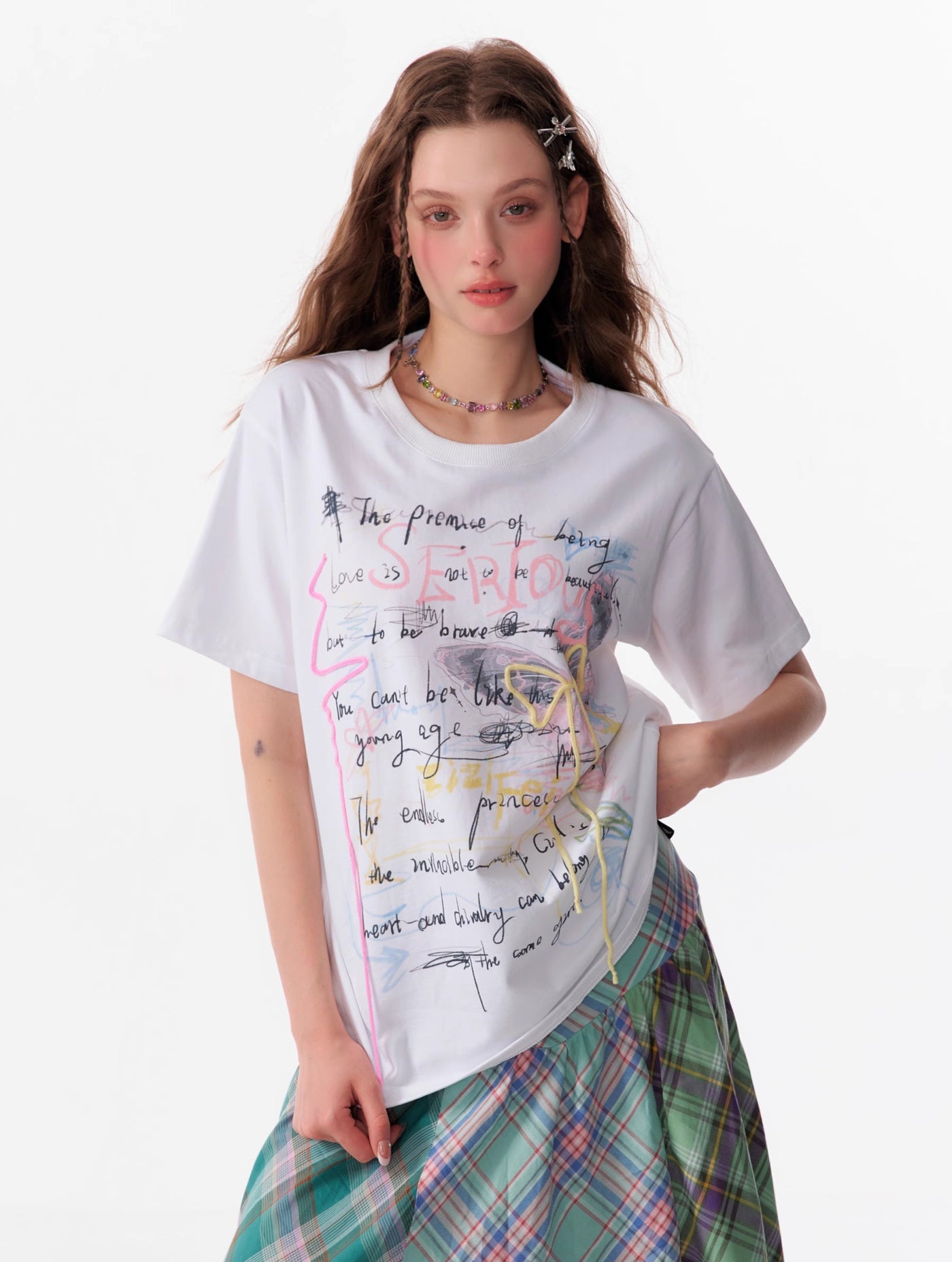 Graffiti Print Loose Bow Short-sleeved T-shirt ZIZ0108