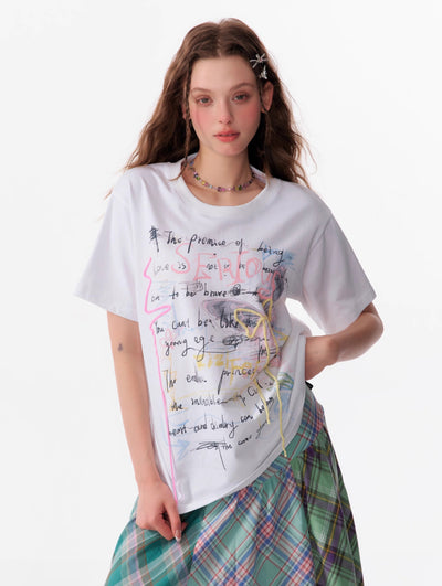 Graffiti Print Loose Bow Short-sleeved T-shirt ZIZ0108