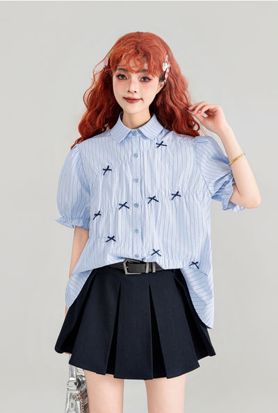 Blue Striped Puff Short-sleeved Shirt/Skirt KEI0090