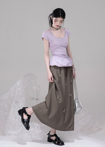 Brown Casual A-Line Drape Skirt COT0305