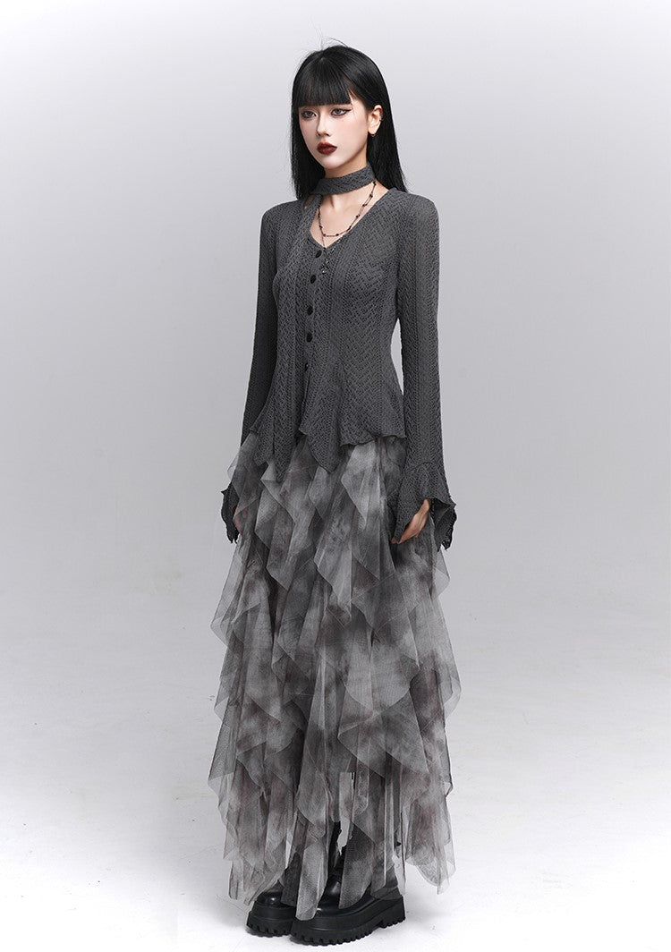 Irregular Mesh Cake Long Skirt LAD0223
