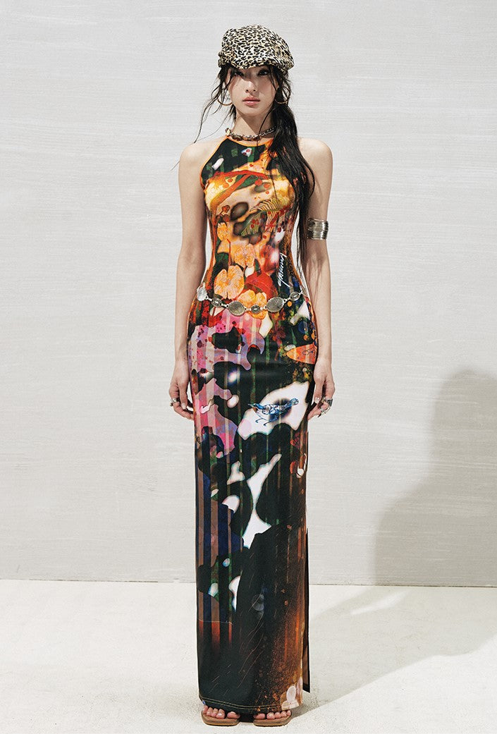 Plant Floral Print Side Slit Dress OFA0267