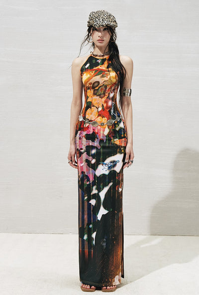 Plant Floral Print Side Slit Dress OFA0267