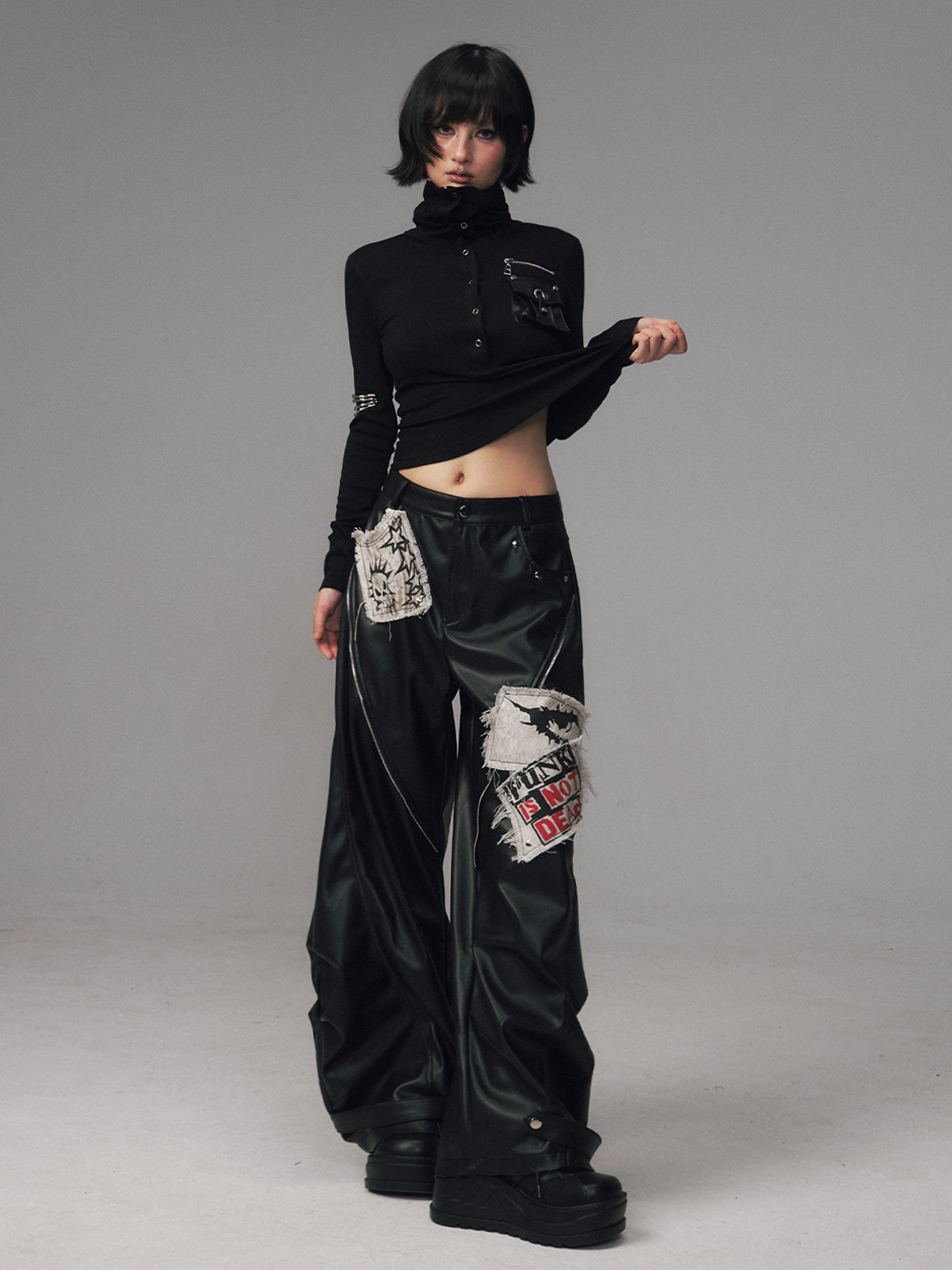 Punk Rock Zipper Split Print Leather Pants FRU0122