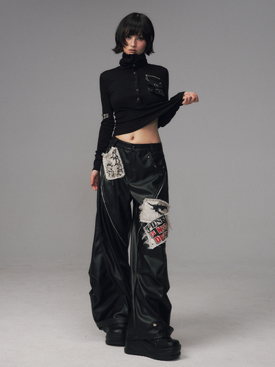 Punk Rock Zipper Split Print Leather Pants FRU0122