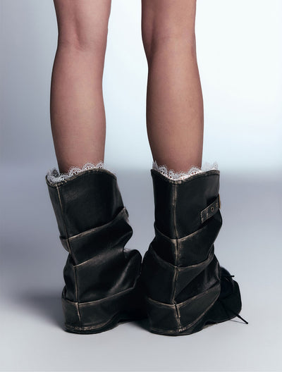 Stitching Lace Black Retro Distressed Leather Leggings CES0046