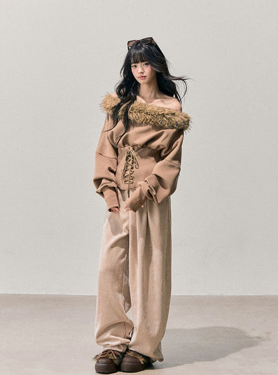 Fur Off-Shoulder Lace-up Waist T-Shirt DIA0744