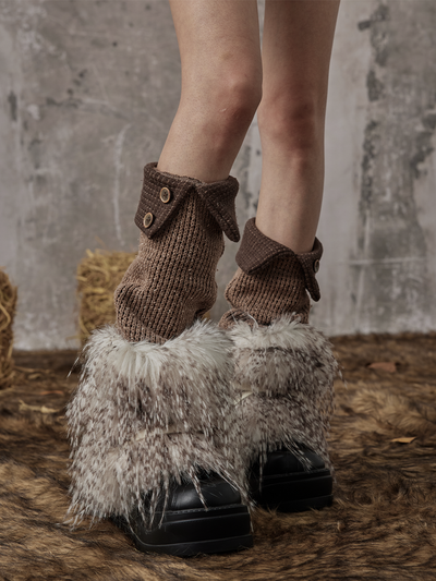 Retro Splicing Knitted Button Furry Leg Socks FRU0077