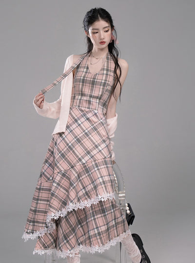 Cherry Pink Plaid Halter Neck Dress COT0341