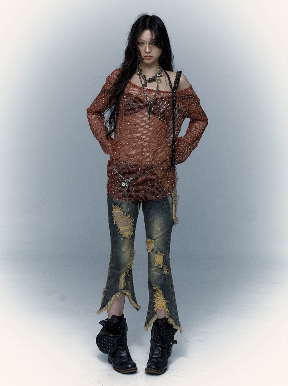 Retro Punk Patchwork Lace Ripped Cropped Flared Jeans NOR0069