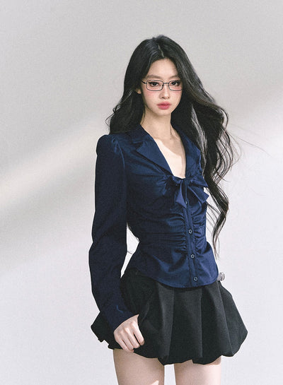 Bow Pleated Slim Shirt DIA0537