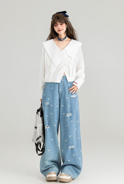 Large Lapel White Long-sleeved Shirt/Navy Pleated Skirt KEI0136