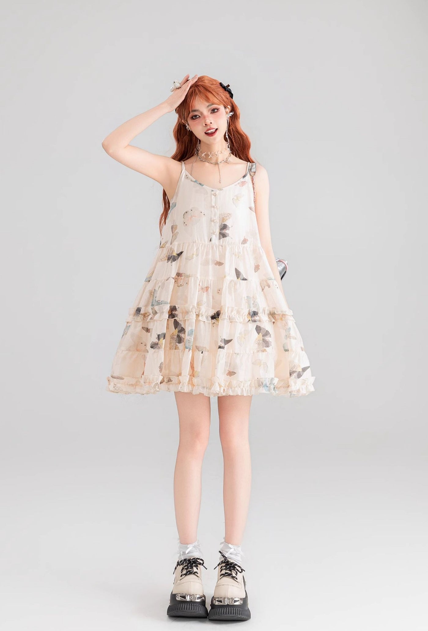 Butterfly Floral Pleated Lace Chiffon Suspender Dress KEI0054