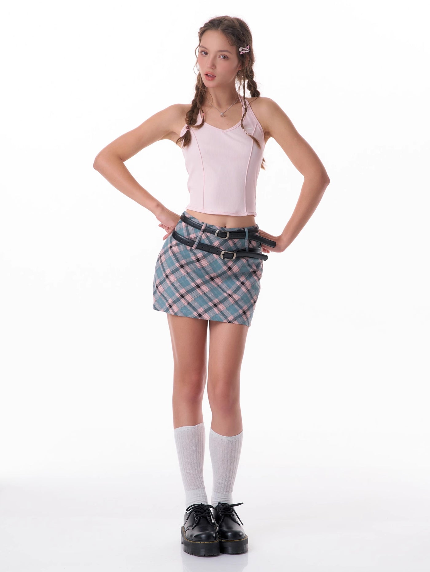 American Retro High Waist Slim Pink Blue A-line Plaid Short Skirt ZIZ0130