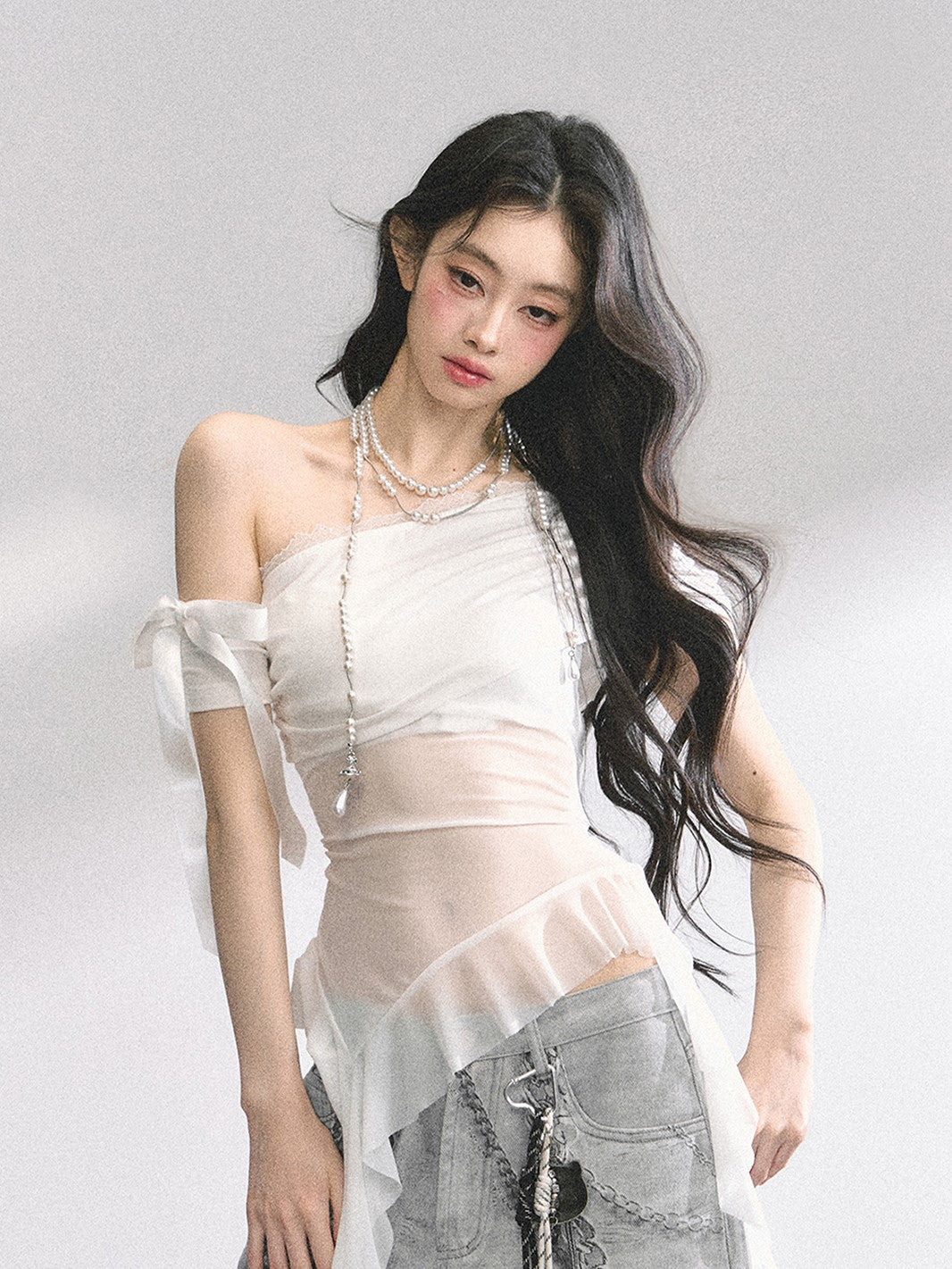 Oblique Shoulder Mesh T-shirt DIA0476