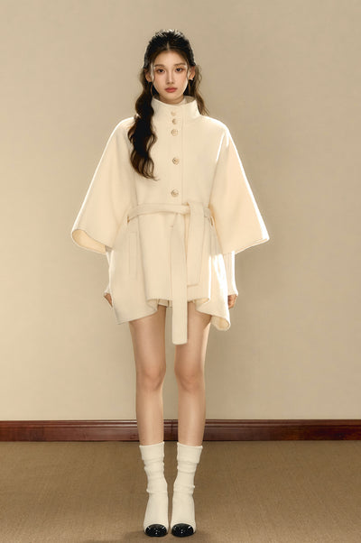 Cream Tweed Gold Button Woolen Cape Coat OSH0102