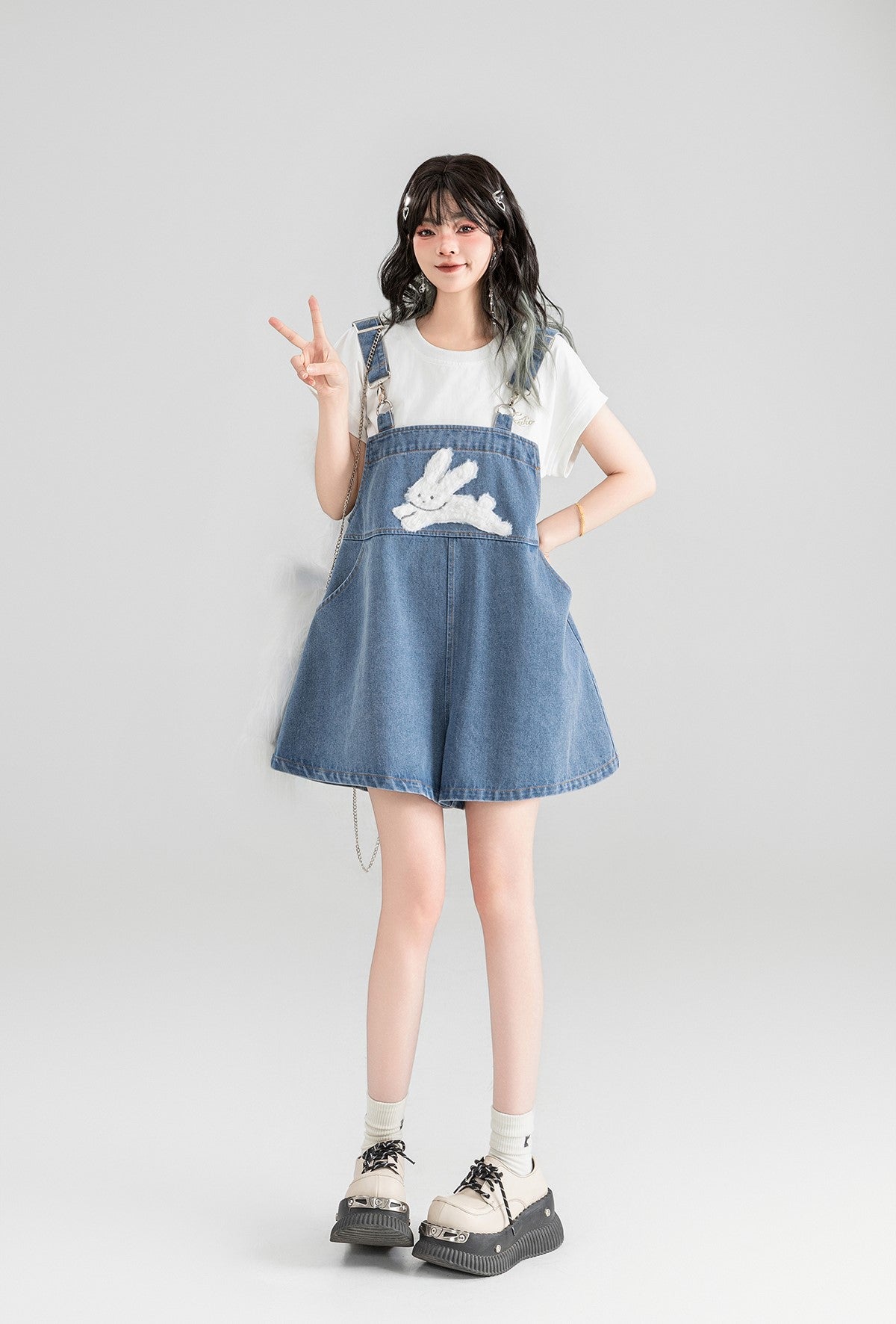 Rabbit Print Denim Overalls/White T-shirt KEI0053