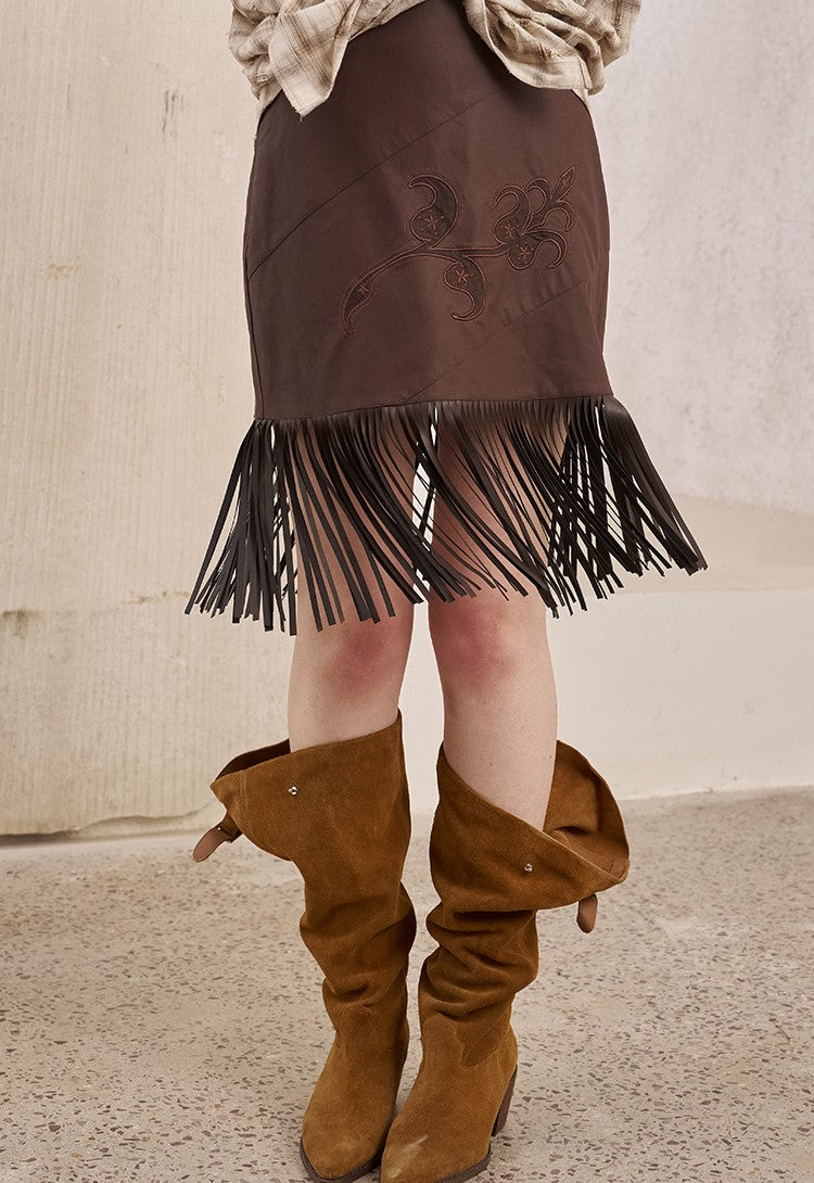 Flower Embroidered Tassel Leather Skirt DID0239