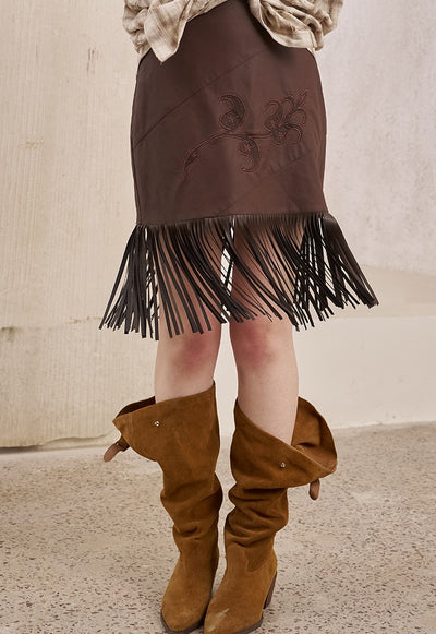 Flower Embroidered Tassel Leather Skirt DID0239