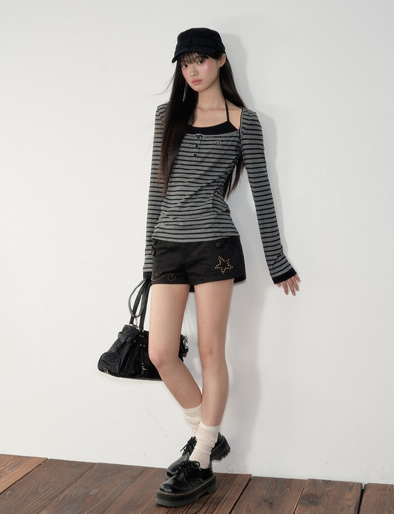 Fake two-piece Striped Hooded T-shirt SOO0024