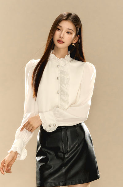 French Satin Textured Puff Sleeve Ruffle Design Shirt OSH0072