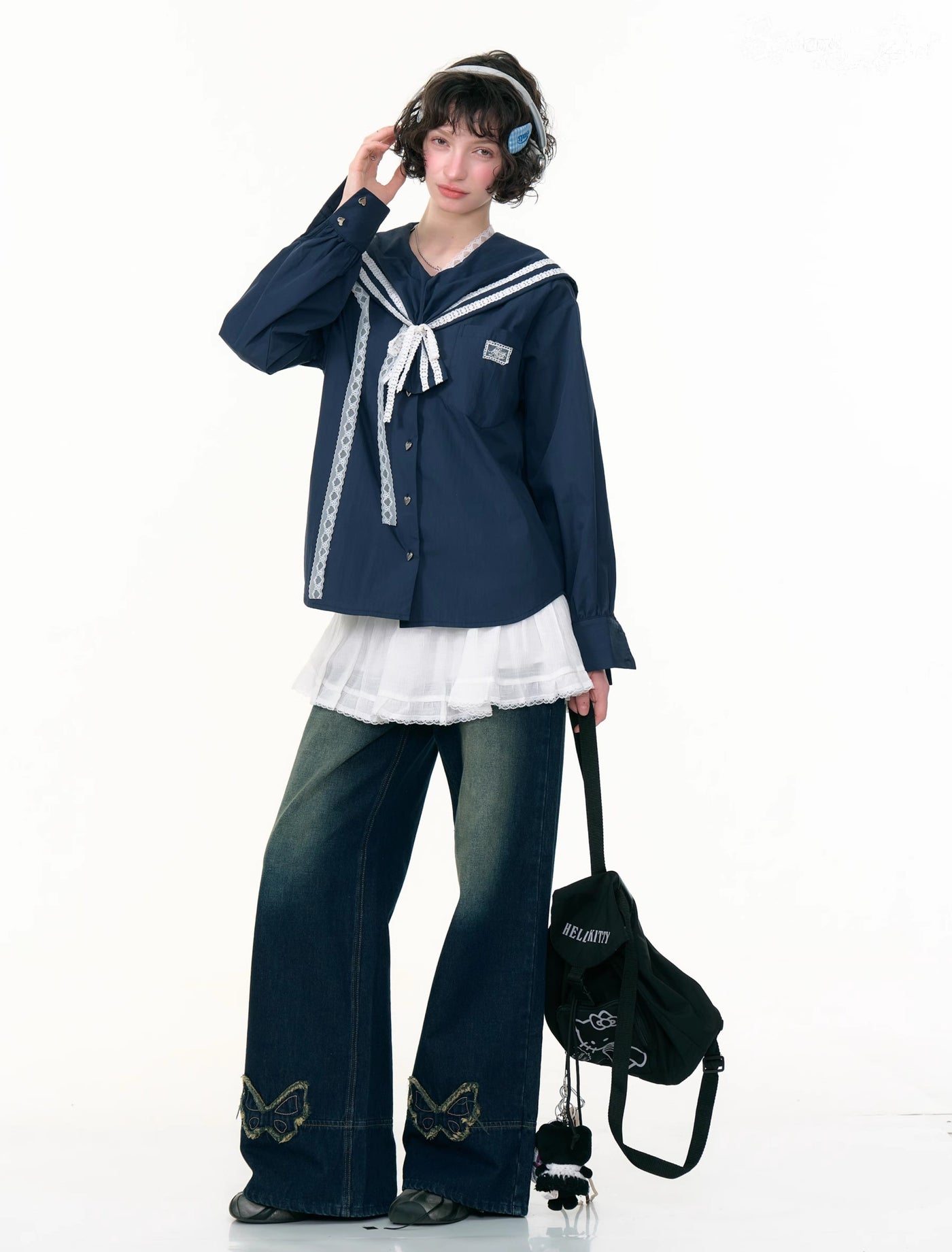 Navy Collar Lace Long-sleeved Shirt ZIZ0299