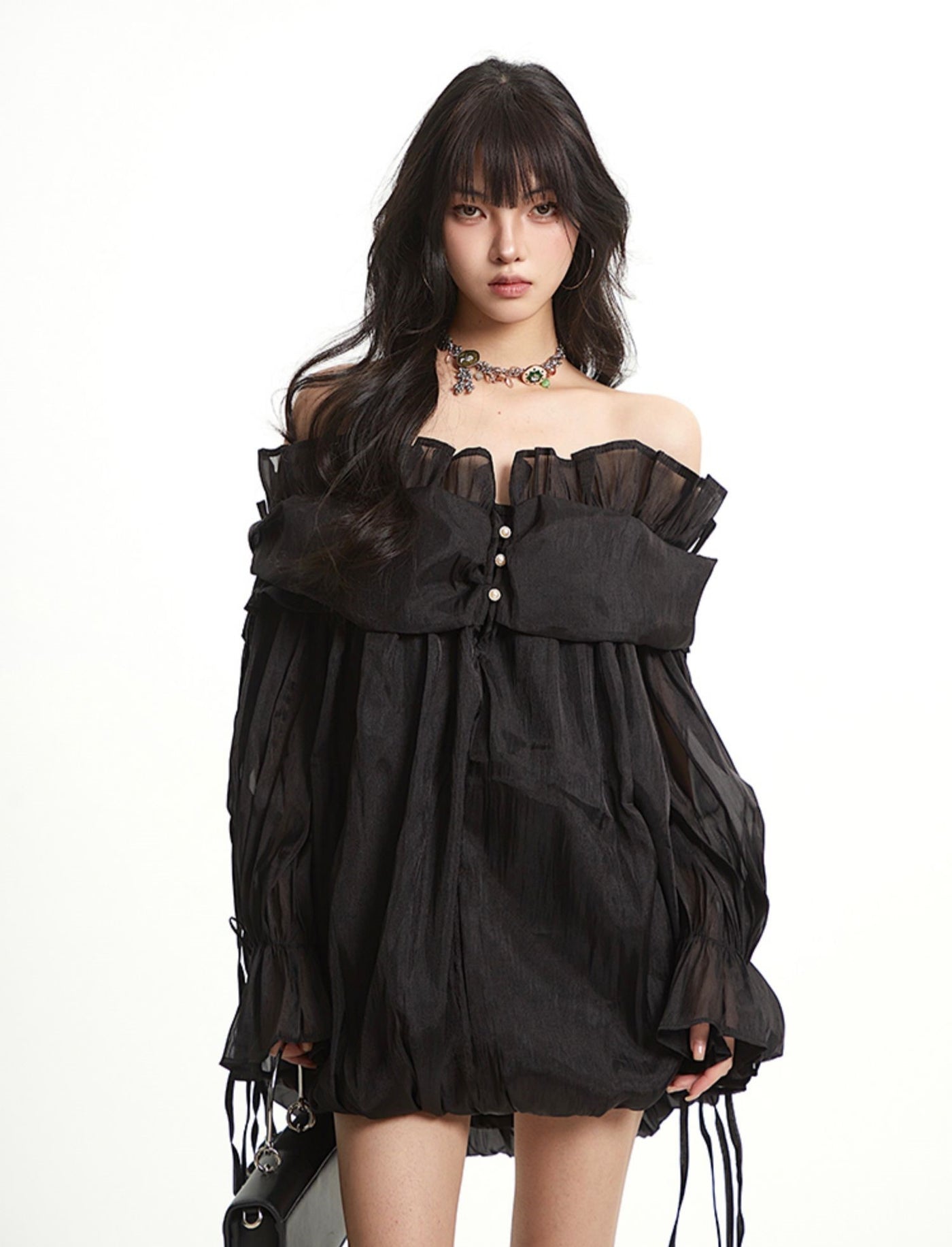 One-shoulder Ruffled Mesh Dress UNC0260