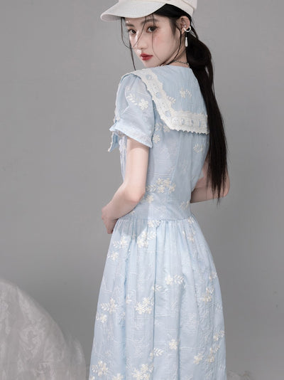 Blue Lace Collar Short Sleeve Dress COT0320